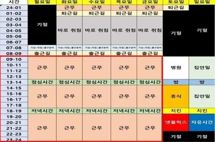 근로시간 개편 논란 당시 온라인에 많이 공유됐던 ‘69시간 근무표’. 온라인커뮤니티 갈무리