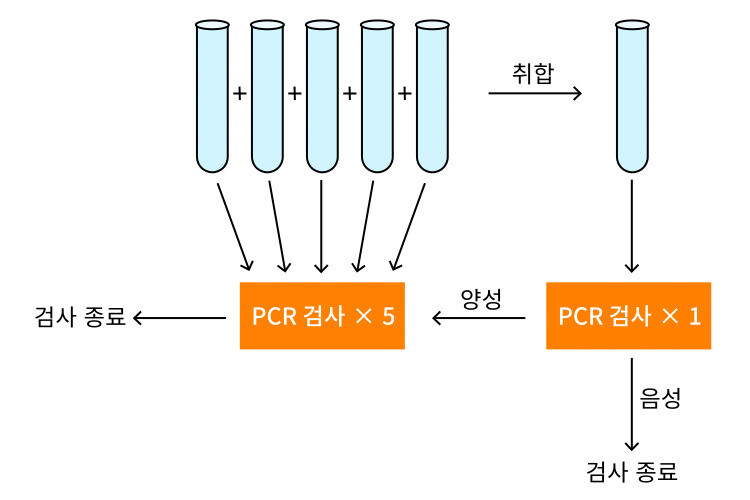 그림 4-1. 검체 다섯개를 섞는 취합 검사의 예. 다섯개의 검체 모두 감염되지 않은 사람의 검체이면 취합 검사의 결과는 음성이 나온다. 이 경우에는 한 번의 PCR검사로 검사가 종료되며 다섯 검체 모두 음성 판정을 받는다. 다섯 검체 중 하나라도 감염된 사람의 검체이면 취합 검사 결과는 양성이 나온다. 이 경우에는 다섯개 검체 하나 하나에 대해 개별 검사를 다시 실시해 각각의 검체가 양성인지 음성인지를 판정하므로 총 여섯번 검사를 한다.