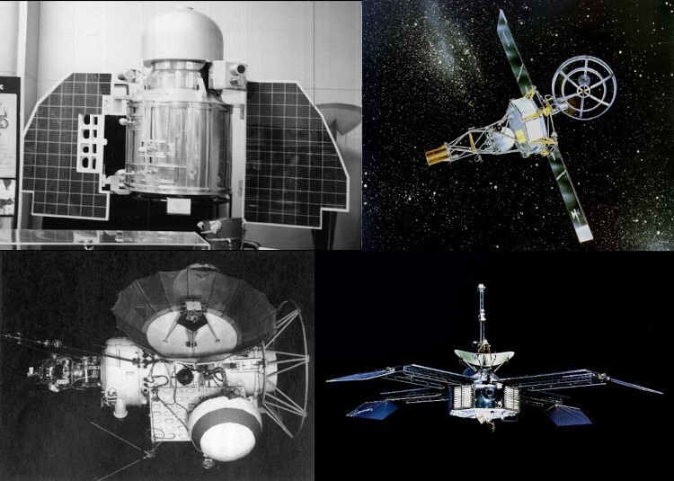 그림 2. 금성과 화성에 다가간 탐사선들. 최초로 금성에 근접비행한 소련의 베네라 1호(왼쪽 위)와 매리너 2호(오른쪽 위), 그리고 최초로 화성에 근접비행한 소련의 마스 1호(왼쪽 아래)와 미국의 매리너 4호(오른쪽 아래). 소련의 첫 금성 근접비행과 화성 근접비행은 통신이 두절된 상태에서 진행됐다. 소련보다 1년 6개월과 1년 8개월 늦었던 미국의 첫 금성 근접비행과 화성 근접비행은 통신을 유지하며 진행됐다. 사진 : NASA