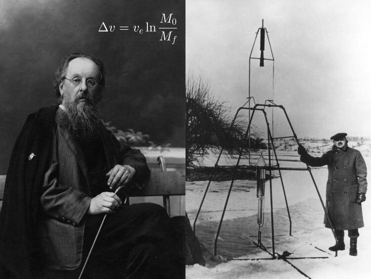 그림 2. 로켓의 개척자인 콘스탄틴 치올콥스키(왼쪽)와 로버트 고더드. 왼쪽 사진에 쓰인 수식은 ‘치올콥스키 로켓 방정식’으로 현대 로켓의 성능을 계산하는 데 여전히 쓰이고 있는 중요한 방정식이다. 오른쪽은 고더드가 최초의 액체연료 로켓과 함께 찍은 사진이다. Wikimedia Commons