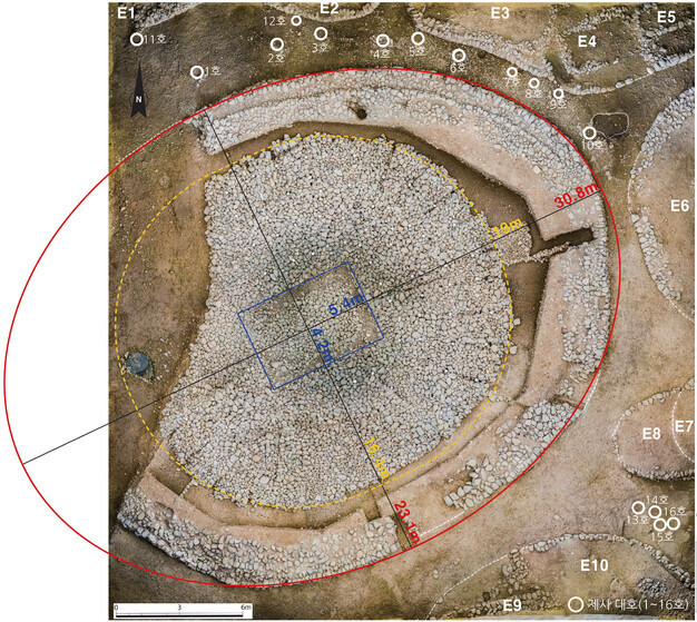 2020년 44호 무덤 조사현장을 찍은 설명 사진. 봉분 평면 위쪽에 연속된 점들의 모양으로 무덤 주위를 두른 호석들의 대열이 표시되어 있다. 국립경주문화재연구소 제공