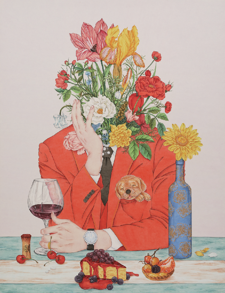 사람풍경-Flower Men 09(Red Wine)_117×153cm_ 비단에 채색_ 2021. 서기환 제공