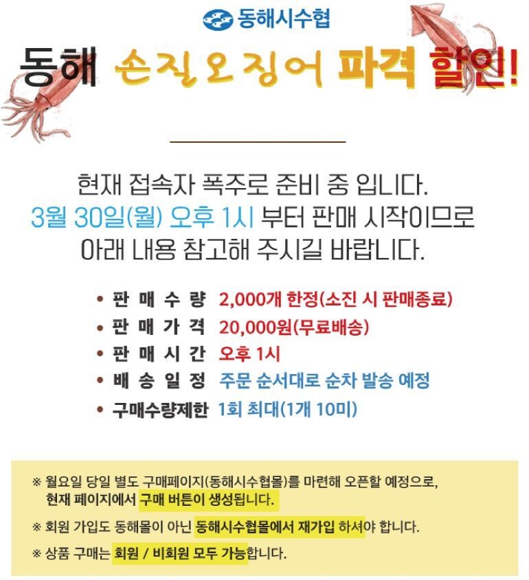 동해시가 30일 오후 1시부터 인터넷 누리집 동해몰(https://www.donghae-mall.com)을 통해 오징어 2000박스를 1명당 1박스 한정으로 선착순 판매할 예정이다. 동해몰 누리집 갈무리