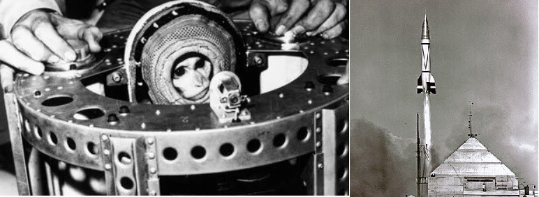 1949년 ‘우주로 간 최초의 포유류’가 된 원숭이 앨버트 2세(왼쪽)와 원숭이가 타고 간 V-2 로켓. 미 항공우주국 제공
