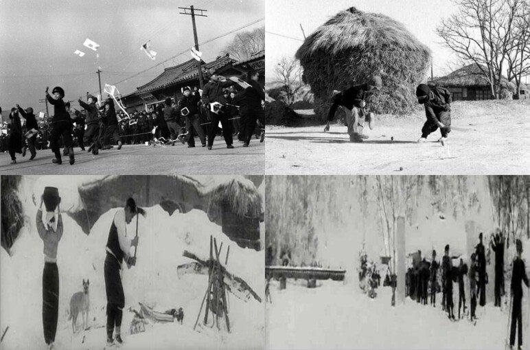 (왼쪽부터 시계방향) 제1회 연날리기 대회(1956년), 팽이 돌리는 어린이(1956년), 스키를 타고 등교하는 학생들(1959년), 함박눈 속에서 장작 패는 촌부(1959년).