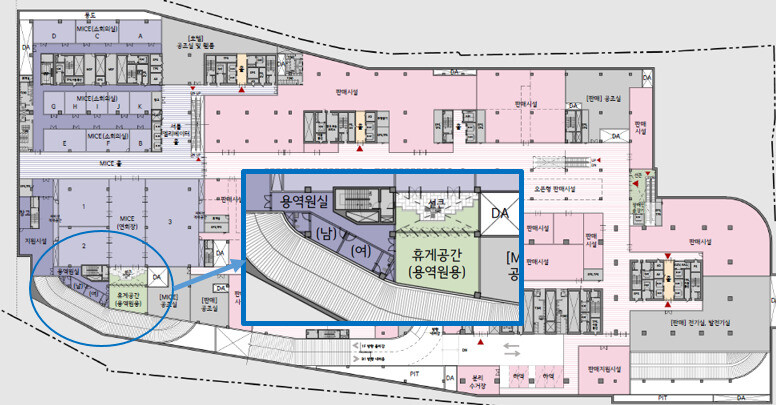 서울역 북부 지상 38층 업무·판매 시설 신축 사업 설계도면에 적용된 115㎡ 규모의 건물 관리 용역원 휴게실(굵은 네모 안). 서울시 제공