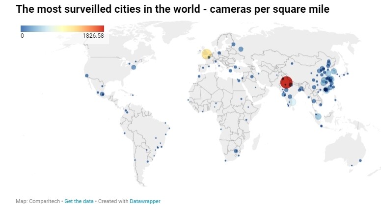 단위면적(2.6㎢)당 공공 감시카메라 수가 많은 도시들. 빨간점이 인도 델리다. 컴패리텍 보고서