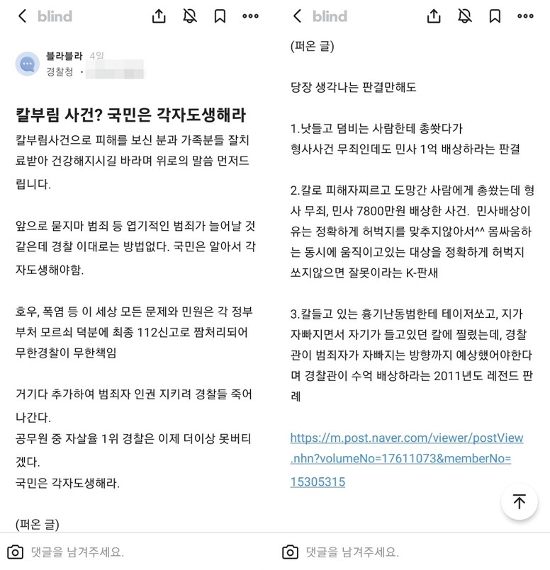 ‘칼부림 사건? 국민은 각자도생해라’라는 제목으로 경찰 내부 커뮤니티에 올라온 글. 블라인드 갈무리.