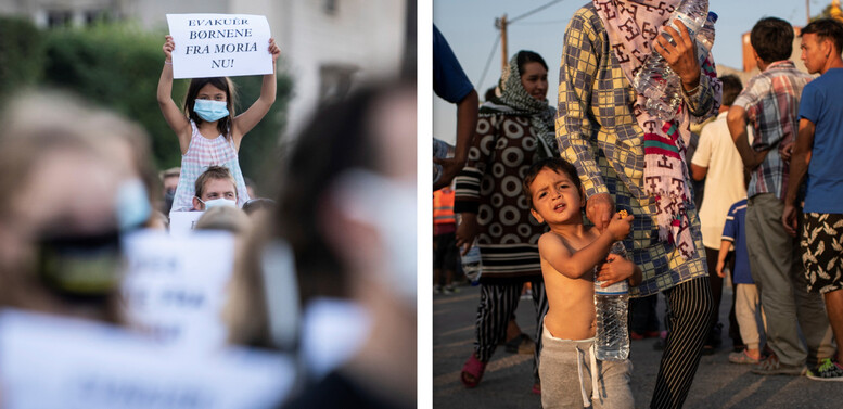 지난 15일 덴마크 코펜하겐에서 그리스 레스보스섬의 난민 문제 해결을 요구하는 시위가 열려, 한 소녀가 ‘지금 아이들을 대피시키라’고 쓴 항의 팻말을 들고 있다.(왼쪽) 같은 날 그리스 레스보스섬에서는 캠프가 전소돼 갈 곳을 잃은 이주민 가족의 한 아이가 생수병을 들고가고 있다. 코펜하겐, 레스보스/AP 연합뉴스