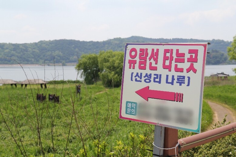 지난달 21일 충남 서천군 신성리 갈대밭 인근에 유람선 홍보 간판이 붙어 있다. 금강 하구와 가까운 신성리 갈대밭 근처에서 소규모 관광선을 운영하는 민간 사업자가 설치한 것이다.