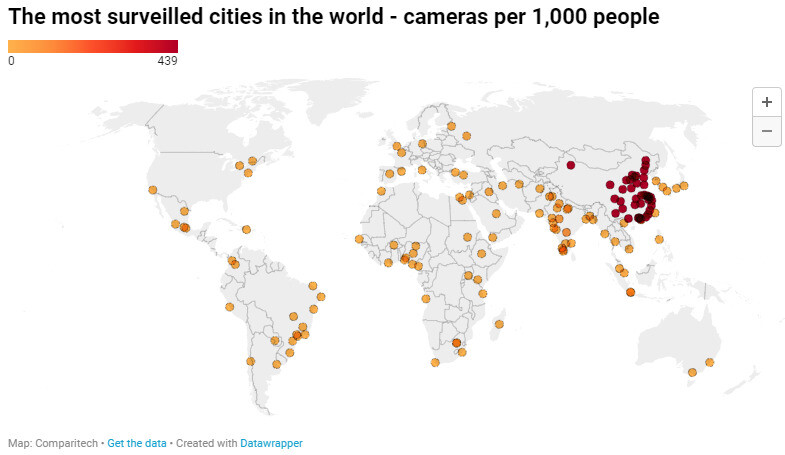 전 세계 주요 도시 인구당 공공 감시카메라 설치 현황을 비교한 지도. 붉은색이 짙을수록 인구 1000명당 공공 감시카메라 설치 수가 많다는 걸 의미한다. 컴패리텍 제공