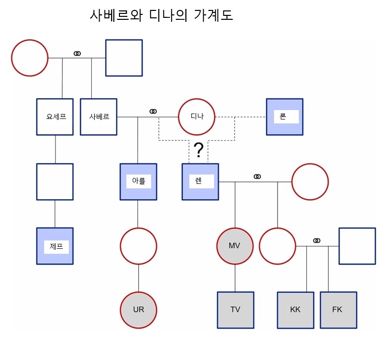 사베르와 디나의 가족 가계도. 회색은 타액 DNA 표본을 채취한 사람, 파란색은 우표에서 DNA를 회수한 사람. 동그라미는 여성, 네모는 남성이다. Forensic Science International