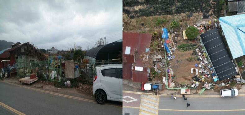 땅에서 찍은 현장 사진(왼쪽)과 드론을 활용해 찍은 현장 사진(오른쪽). 이 부장판사 제공