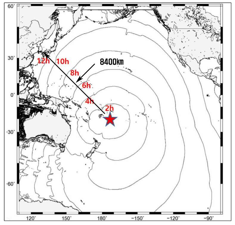 통가 화산 분출 위치와 지진해일 모식도. 기상청 제공