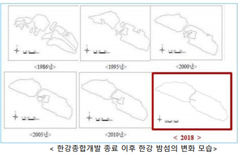 1986년 한강종합개발이 끝난 뒤 한강 밤섬의 크기 변화. 마포문화재단 제공 ※ 이미지를 누르면 크게 볼 수 있습니다.