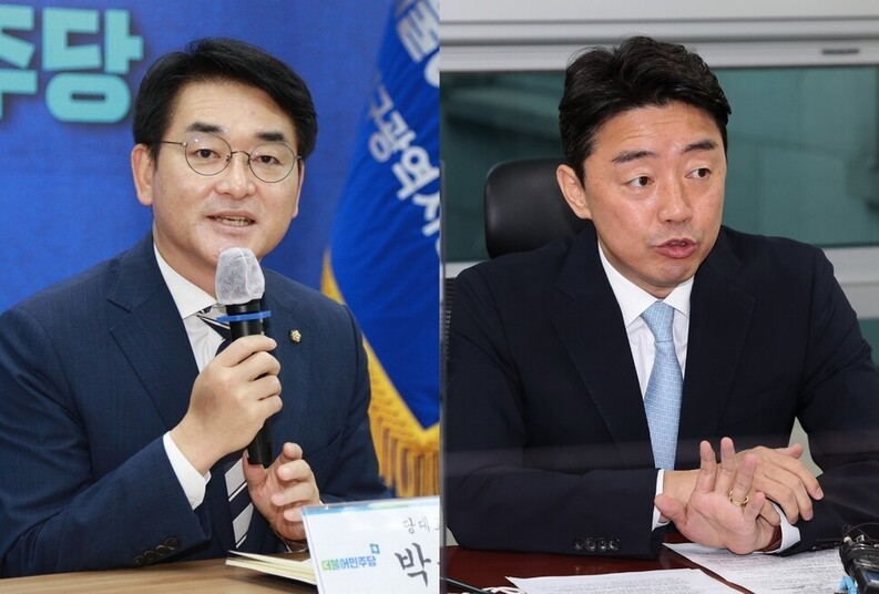 더불어민주당 당대표 후보로 출마한 박용진 의원이 지난달 31일 대구시당에서 지역 기자들과 간담회를 하고 있다.(왼쪽 사진) 강훈식 후보도 같은 날 국회 의원회관에서 기자간담회를 열어 취재진의 질문에 답변하고 있다. 연합뉴스