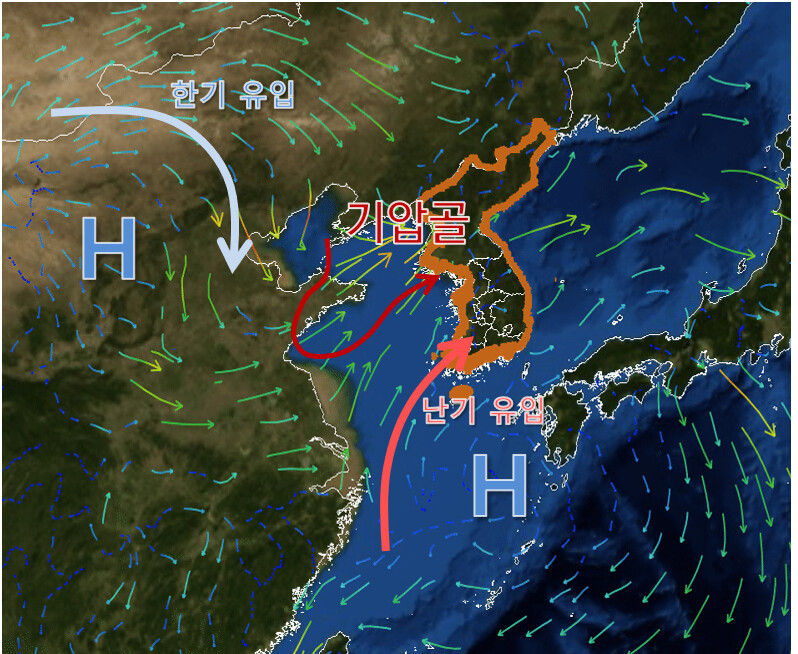 2일 전국에 눈 또는 비가 올 것으로 예상된다. 2일 기압계 모식도. 기상청 제공