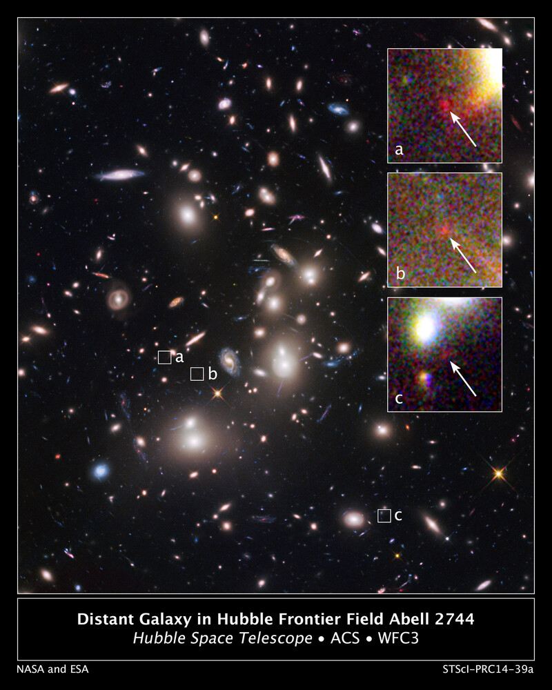 2014년에 허블이 관측한 판도라은하단 중심부. a, b, c라고 표시된 부분은 130억광년 이상 떨어져 있는 은하로 추정된다. 나사 제공