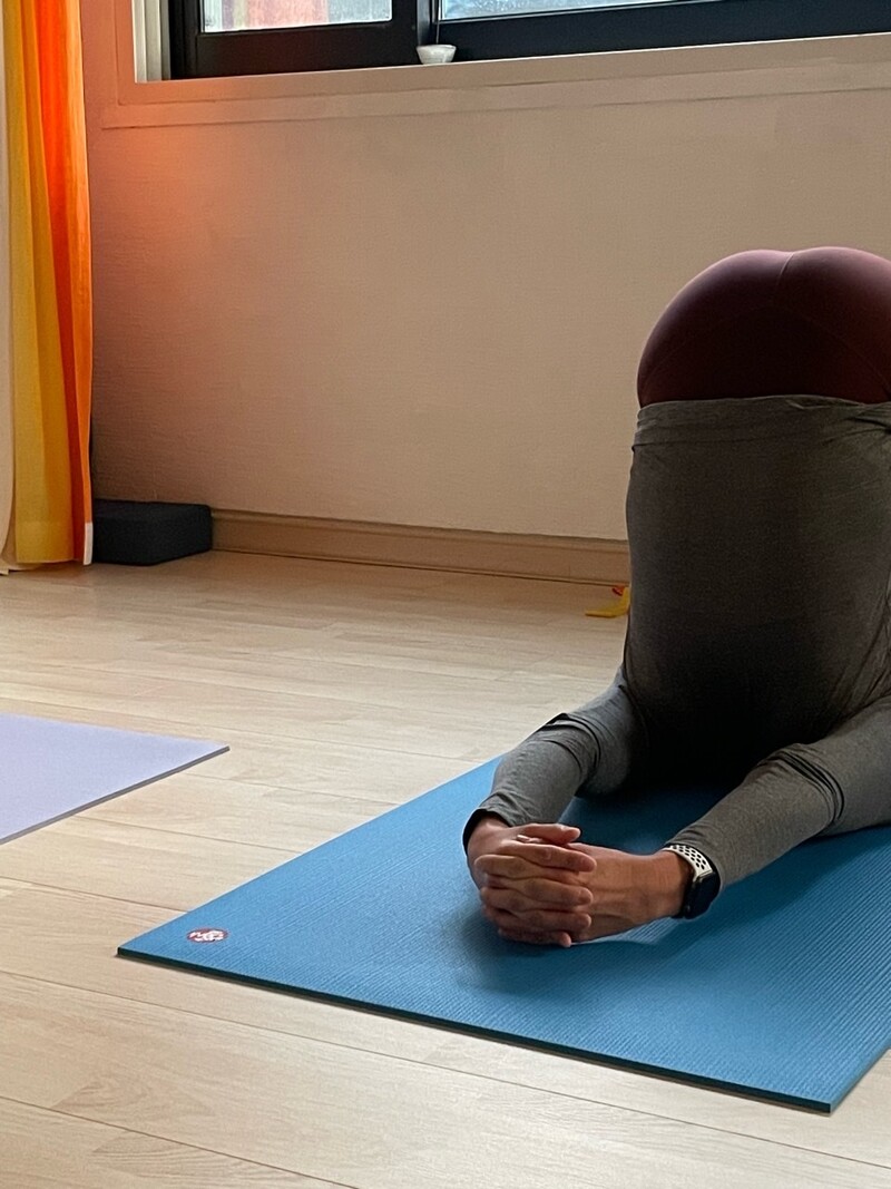 정인선 기자가 할라아사나(쟁기자세)를 수련하고 있다. 요가공존 제공