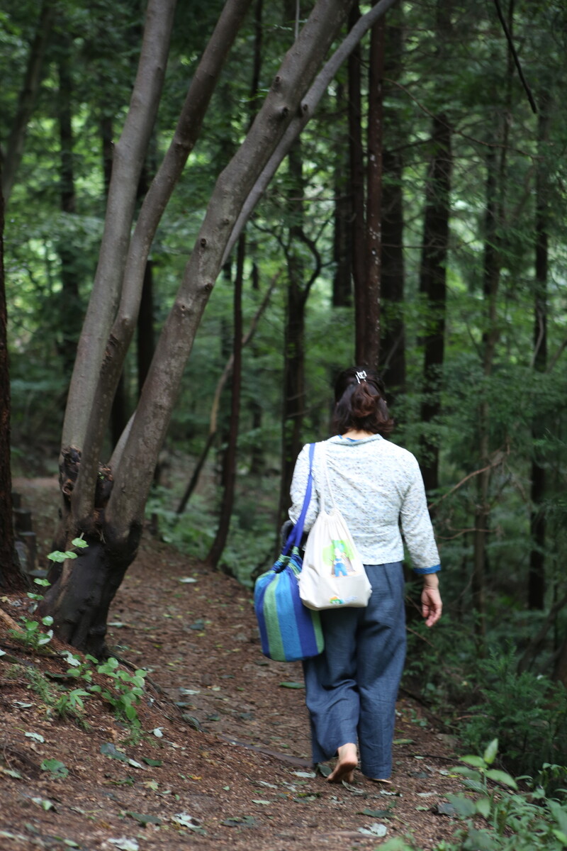 지난 13일 ‘맨발 치유 숲길’을 맨발로 걷고 있는 정혜정 ‘국립 장성 숲체원’ 산림치유지도사. 김선식 기자