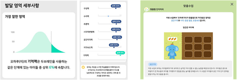 아이들이 두브레인 앱으로 학습하고 나면, 여러 아이들의 학습 데이터에 기반한 평가 결과가 대시보드 형태로 양육자에게 제공된다. 두브레인 제공