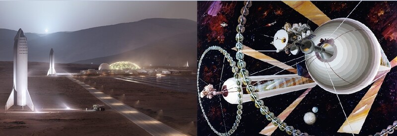 머스크가 구상하는 화성도시(왼쪽)와 베이조스에 영감을 준 오닐실린더(오른쪽) 상상도. 스페이스엑스/위키미디어 코먼스
