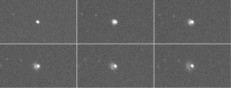 천문연 망원경이 포착한 다트의 소행성 충돌 순간.  맨왼쪽 위는 충돌 직전의 디모르포스, 그 다음부터는 충돌 직후 디모르포스에서 먼지가 분출되는 모습이다. 한국천문연구원 제공