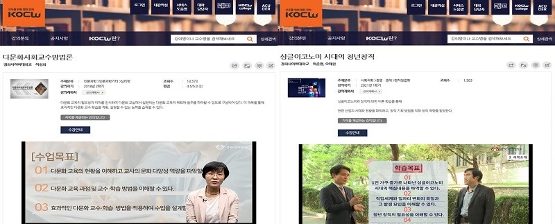 &nbsp; &nbsp; ▲ KOCW(대학공개강의서비스) 플랫폼에 탑재된 경희사이버대학교의 교육콘텐츠 화면. 경희사이버대 제공