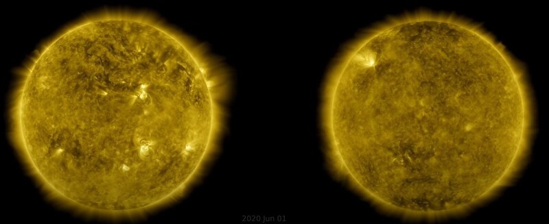 왼쪽은 24번째 주기의 극소기를 벗어난 지 얼마 안 되는 2010년 6월2일, 오른쪽은 새로운 주기의 극소기에서 벗어나고 있는 2020년 6월1일의 사진이다. 나사 동영상 갈무리