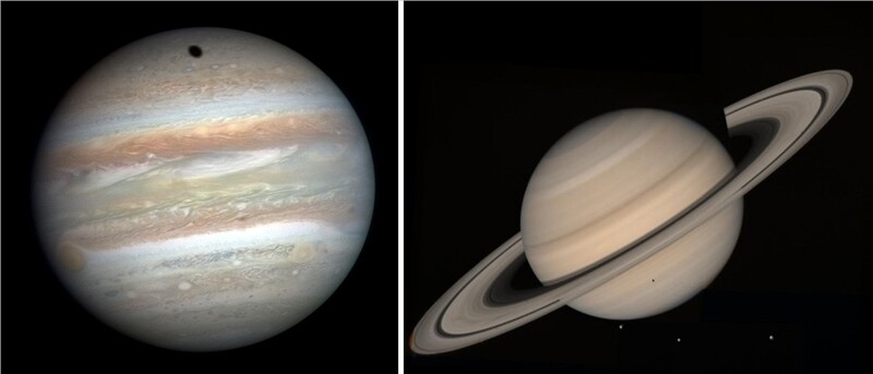 목성(왼쪽)의 공전 주기는 12년, 토성의 공전 주기는 29.5년이다. 위키피디아/나사