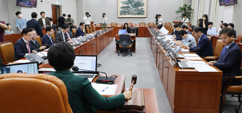 20일 오전 국회에서 열린 정치개혁특별위원회 전체회의에서 남인순 위원장이 의사봉을 두드리고 있다. 연합뉴스