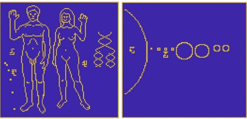 새로 작성한 메시지의 일부. 왼쪽은 남녀의 모습과 DNA 이중나선, 오른쪽은 태양계 구성도.