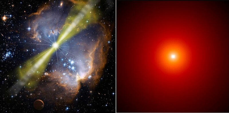 전형적인 감마선폭발은 커다란 별이 수명을 다하고 수축해 블랙홀로 바뀔 때 일어나는 현상으로, 별의 자전축으로 물질과 빛 대부분이 분출된다(왼쪽). 지난 9일 페르미감마선우주망원경이 관측한 감마선폭발 이미지로, 가운데는 빛이 너무 강해 감도를 넘어선 상태다(오른쪽). 미 항공우주국(NASA) 제공