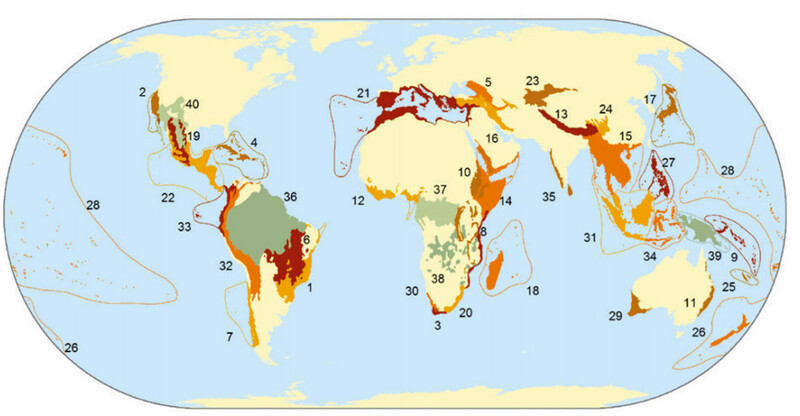 생물 다양성이 풍부한 지역. 언어 다양성 지역과 겹친다. PNAS 제공
