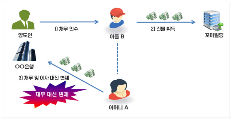 채무 대신 변제를 통한 증여세 탈루 의심 사례. 국세청 제공.