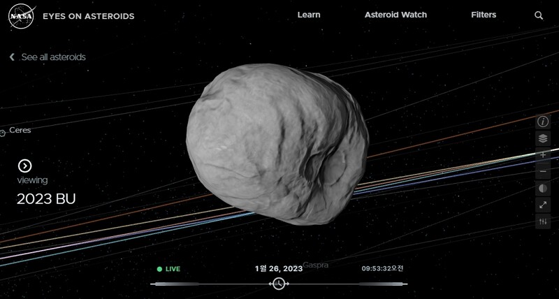 27일 아침 지구를 최근접 비행할 소행성 2023BU 상상도. 나사 제공