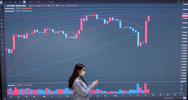 실리콘밸리은행(SVB) 등 미국 은행들의 잇단 폐쇄에도 불구하고 국내 시장에서 비트코인을 비롯한 주요 가상자산(암호화폐) 가격이 급등세를 나타내고 있는 지난 14일 서울 강남구 빗썸고객센터 전광판에 비트코인 등 가상자산의 실시간 거래 가격이 표시되고 있다. 연합뉴스