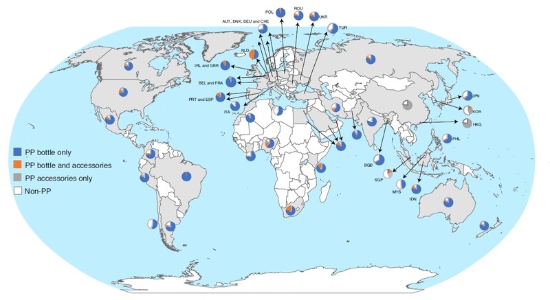 각 나라별 폴리프로필렌(PP) 젖병 사용 비율. 한국은 빨대 등 액세서리까지 포함한 전체 폴리프로필렌 제품 사용 비율이 가장 낮다.