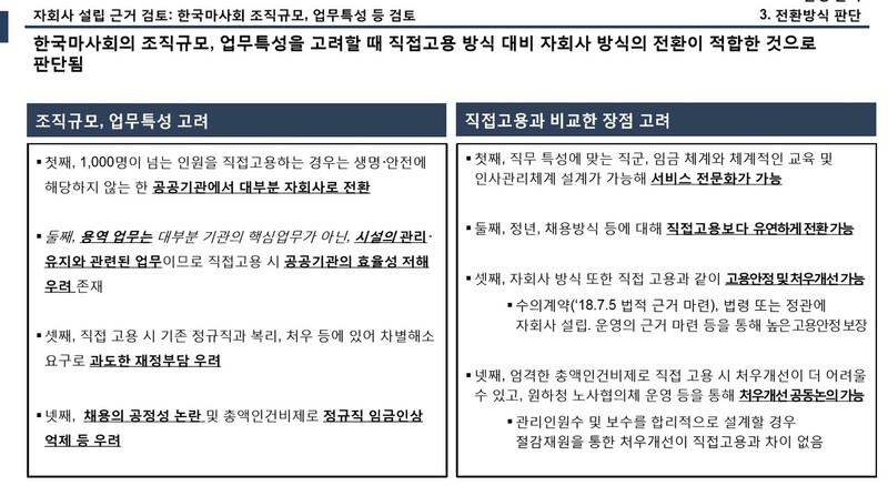 민간 컨설팅 업체 에프엠어소시에이츠가 한국마사회에 지난 6월 제출한 정규직 전환 세부 추진방안 최종보고서