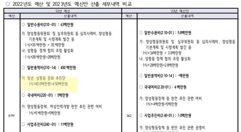 여성가족부 2022년 예산 산출내역에 있던 청년 성평등 문화 추진단(버터나이프 크루)이 2023년도 예산안에서 삭제됐다. 양이원영 더불어민주당 의원실 제공