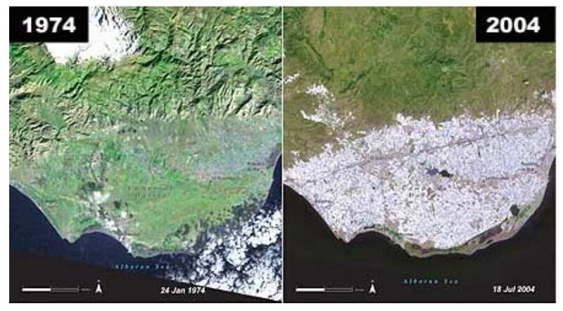 스페인의 알메리아 남서쪽 해안평야지대의 비닐하우스다. 1974년엔 거의 보이지 않던 비닐하우스가 2004년엔 이 일대를 완전히 뒤덮고 있다. 규모가 2만헥타르에 이른다. 2004년 2월7일 국제우주정거장에서  찍은 사진이다. 유엔환경계획(UNEP)/2005