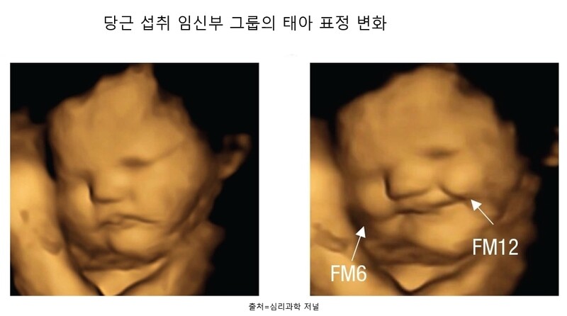당근에 노출된 태아의 웃는 표정(오른쪽)과 기본 표정. 엄마가 당근을 섭취하자 태아의 뺨과(FM6) 양쪽 입꼬리(FM12)가 올라갔다.