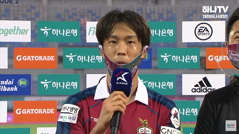 대전 하나시티즌 마사가 10일 대전 한밭종합운동장에서 열린 K리그2 2021 안산 그리너스와 경기에서 승리한 뒤 인터뷰를 하고 있다. 하나TV 유튜브 갈무리