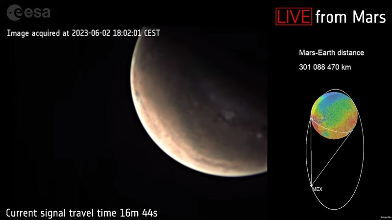 왼쪽은 ‘마스 익스프레스’에서 본 화성의 실시간 모습, 오른쪽은 촬영 당시의 ‘마스 익스프레스’ 위치.