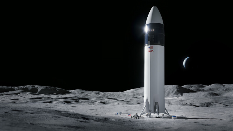 미국의 달 탐사 ‘아르테미스 계획’에서 달 착륙선으로 사용될 예정인 스페이스엑스의 ‘스타쉽’의 구상도. 재사용이 가능한 달 탐사 우주선이다.  미 항공우주국 제공