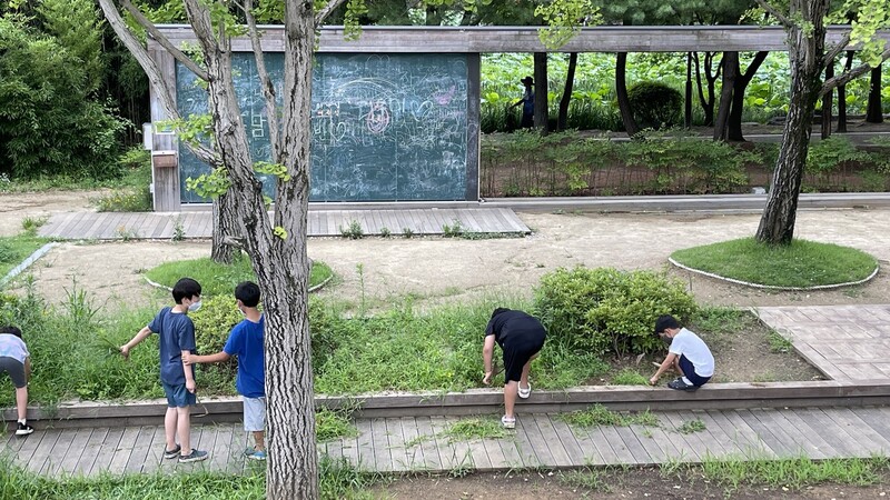 풀 베기 자원봉사에 나선 아이들. 그 뒤로 다목적 슬라이딩 가벽이 보인다. 사진 배정한