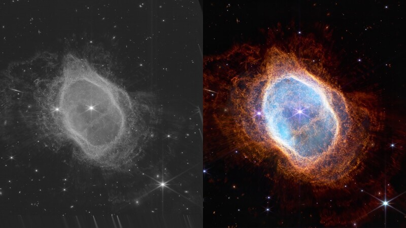 왼쪽은 제임스웹우주망원경의 근적외선카메라로 찍은 남쪽고리성운의 적외선 단색 사진, 오른쪽은 파장별로 색상을 부여한 컬러사진. 미국항공우주국/우주망원경과학연구소