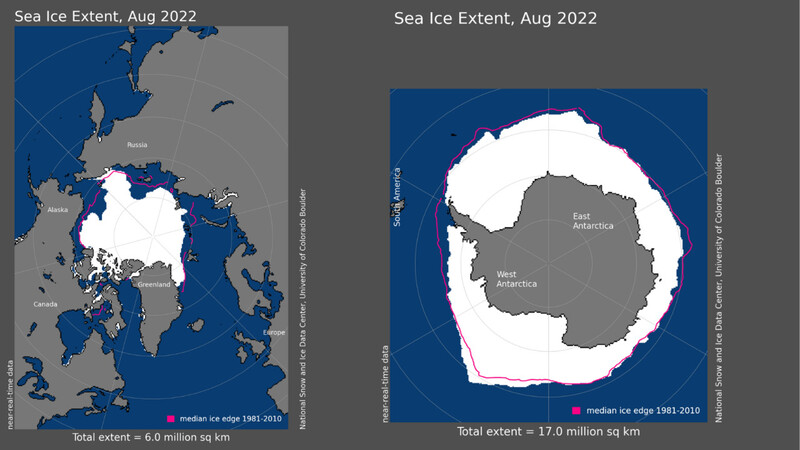 올해 8월 북극(왼쪽)과 남극 해빙 면적. 미국 국립해양대기청(노아) 제공