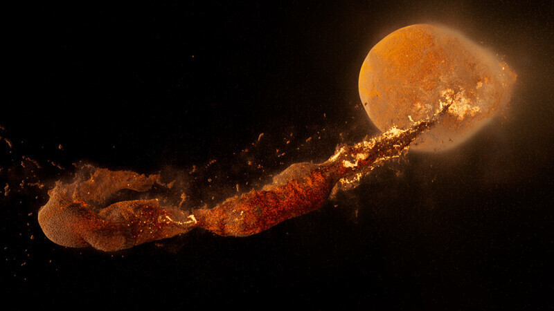 원시지구와 테이아가 충돌한 뒤 분출한 물질이 모여 달을 형성하는 장면. 미 항공우주국 제공