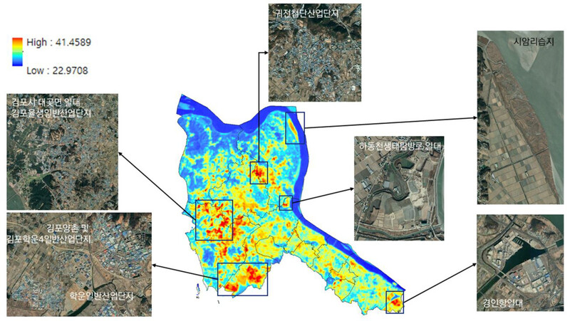 경기 김포시의 지표온도 지도. 산업단지의 지표온도가 주변 농경지나 숲보다 10도 정도 높다. 국립환경과학원 제공